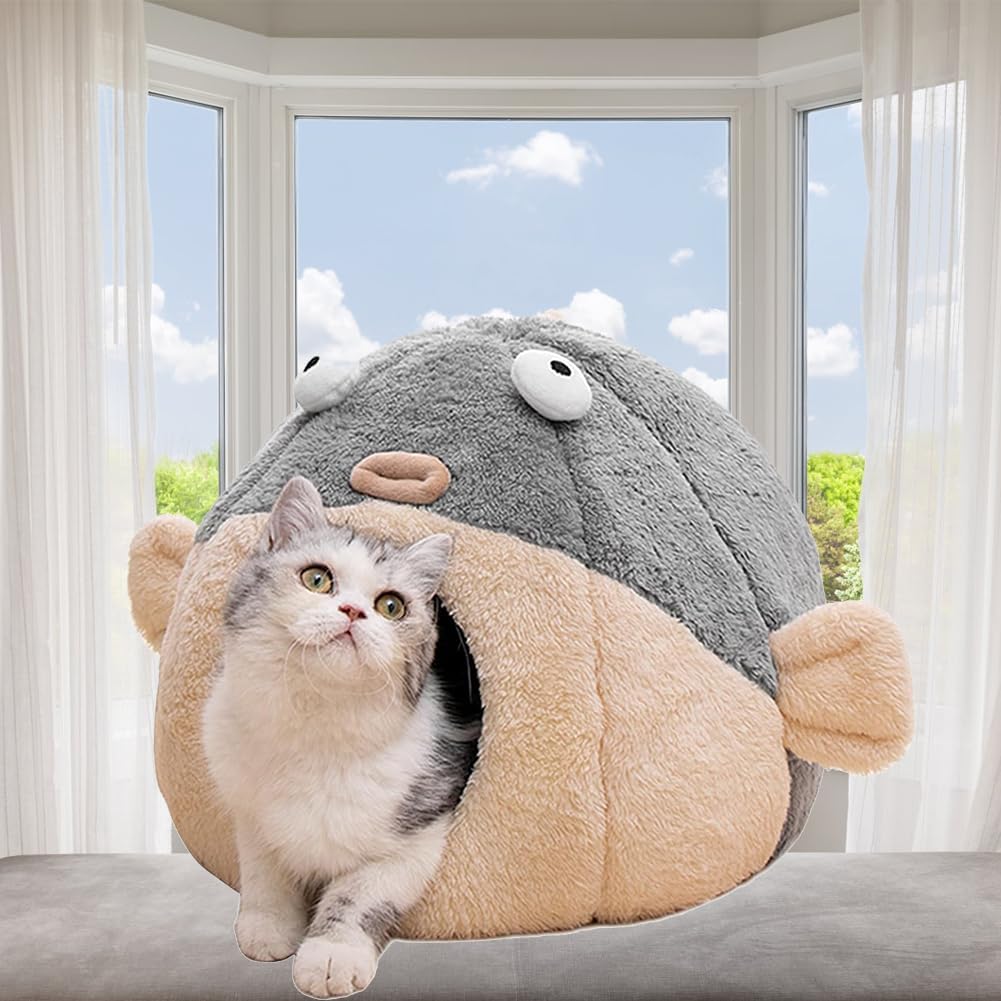 Cat Beds for Indoor Cats - Cute Animal-Shaped Cat Cave Bed for Larger Cat&2 Cats,Super Soft Calming Cat Tent for Kitten&Puppy,Small Dog,Warm Plush&Machine Washable&Removable Cotton Pad (Gray XL) - Pet Explorer