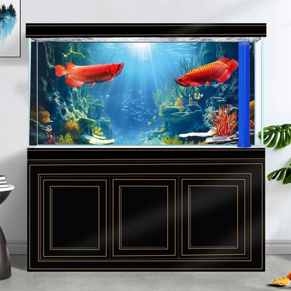 30X12IN Blue Sea Floor Aquarium Background, Natural Underwater World 3D Effect Fish Tank Decorations Background, Art Terrarium Background with 8 EVA Double-Sided Tape
