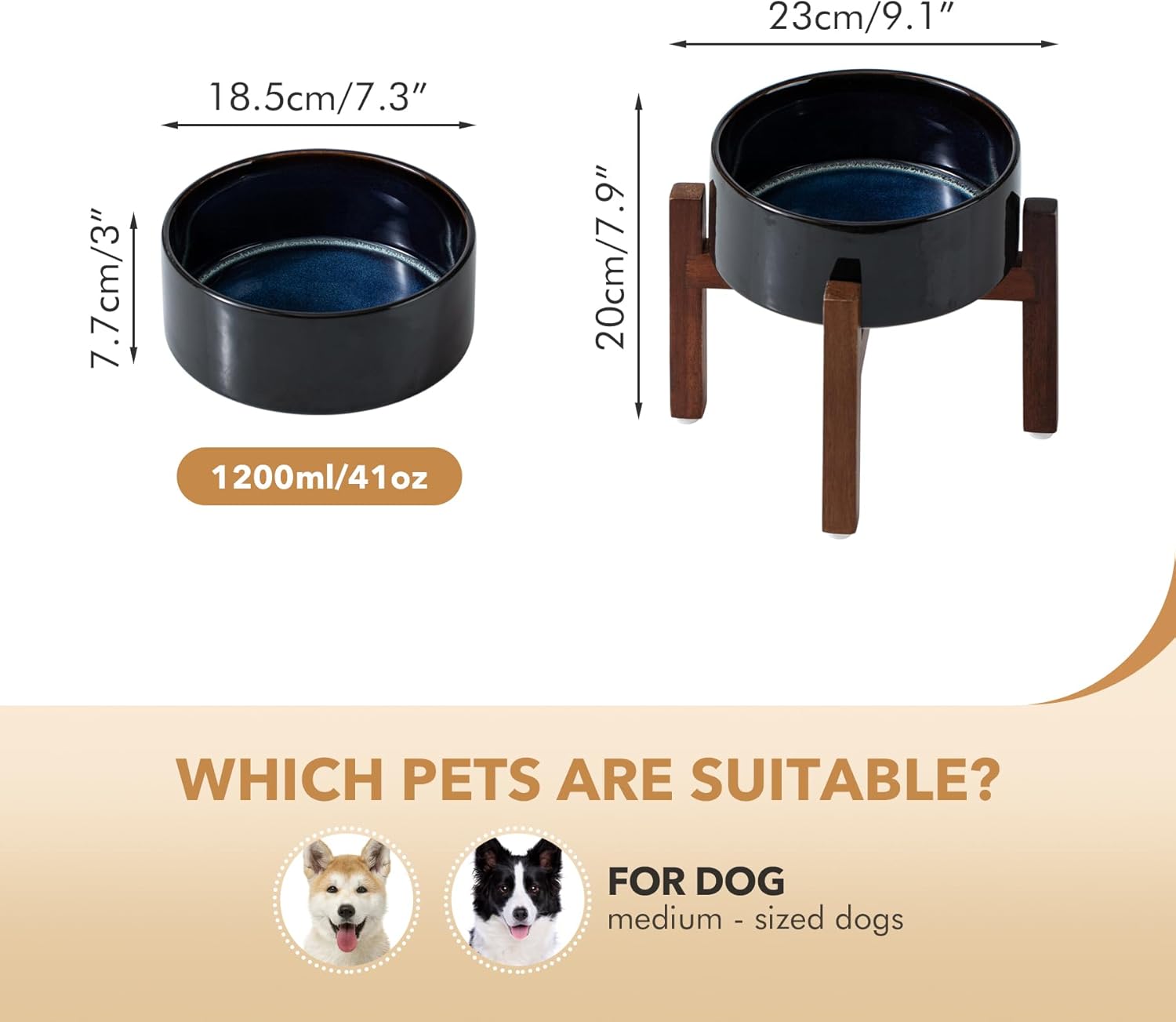 Ceramic 7.3inch Raised Dog Bowl Set, Elevated with Acacia Wood Stand, Food and Water Bowl for Medium Breed Dogs, Weighted Pet Dishes(41oz, Starry Sky) - Pet Explorer
