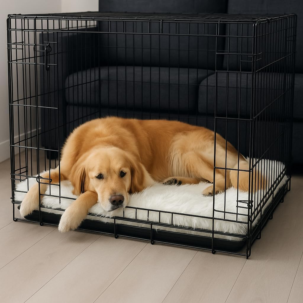 IHAPPYDOG Luxury Faux Fur Orthopedic Dog Beds, Memory Foam Crate Bed for Small, Medium, Large and XL Pets, Fluffy Pet Bed with Waterproof and Washable Cover, Fits Crates (White, 41"x27") - Pet Explorer
