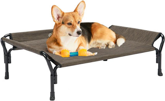 Veehoo Medium Elevated Dog Bed, Guardrail, Non-Slip, Chewproof, Washable & Breathable Teslin Mesh, Brown - Pet Explorer