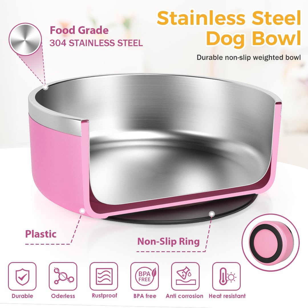 IKITCHEN Dog Bowl for Food and Water, 40 Oz Stainless Steel Pet Feeding Bowl, Durable Non-Skid Double Wall Insulated Heavy Duty with Rubber Bottom for Medium Large Dogs (40 Ounces/5 Cup, Pink) - Pet Explorer