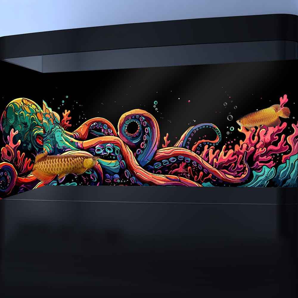 36X18IN Blacklight Octopus Sea Monster HD 3D Black Light Aquarium Background UV Reactive Background Terrarium Background with 10 EVA Double-Sided Tape