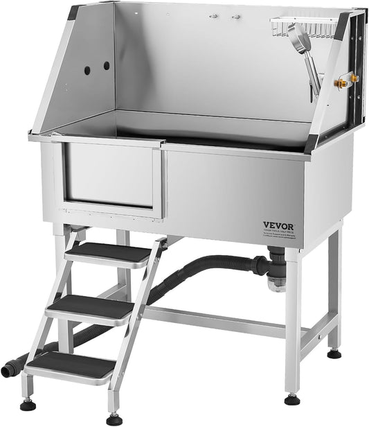 VEVOR Stainless Steel Dog Washing Station, 38 inch Pet Grooming Tub w/Storage Stairs, Faucet & Showerhead & Soap Holder Dog Bathtub for Medium & Small Pets (Left Door) - Pet Explorer