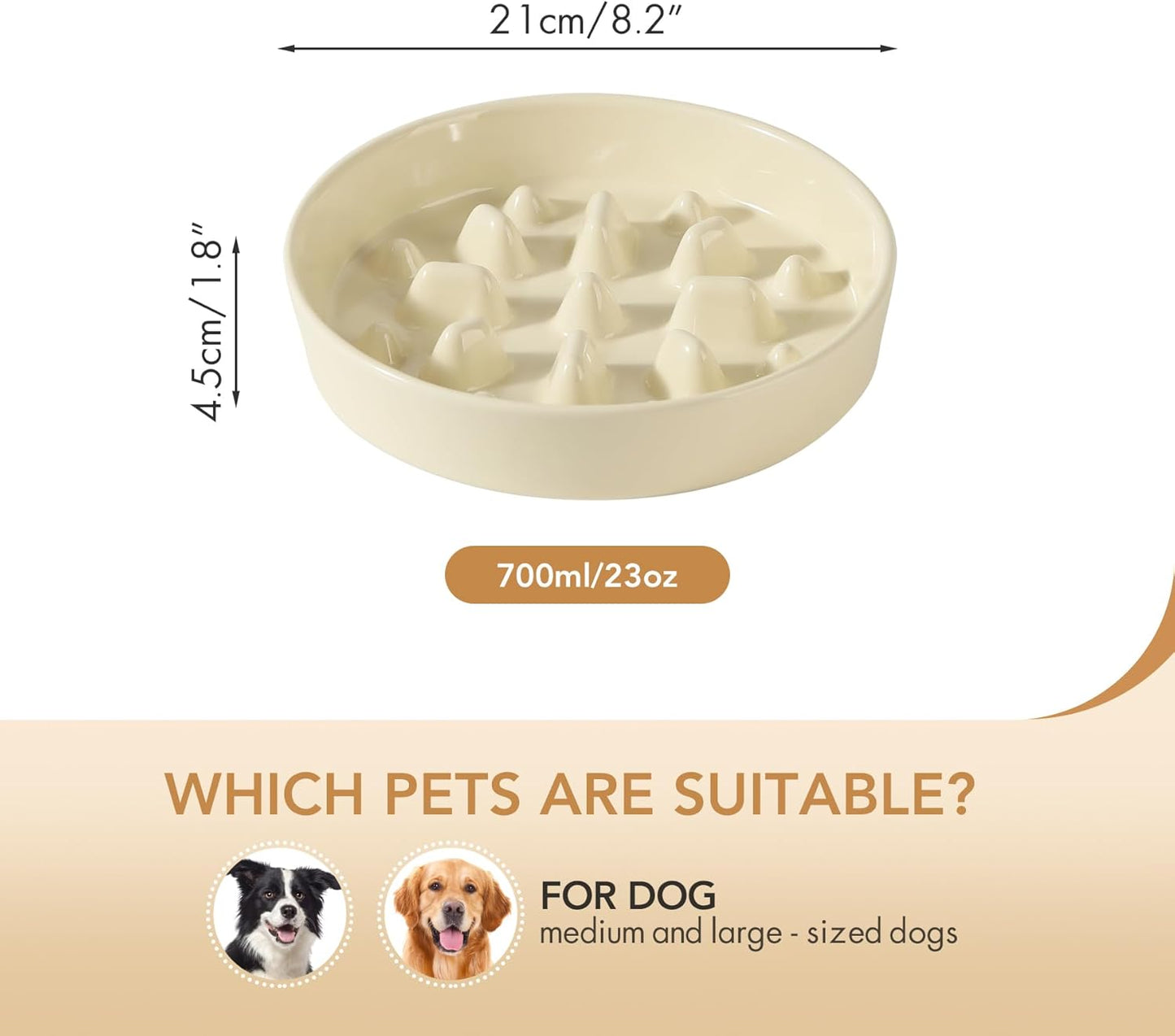 Ceramic 8.2 inch Dog Bowl Slow Feeder, Slow Pet Food Dish for Medium and Large Dog, Stop Bloat, Preventing Choking(Single Bowl, Beige) - Pet Explorer