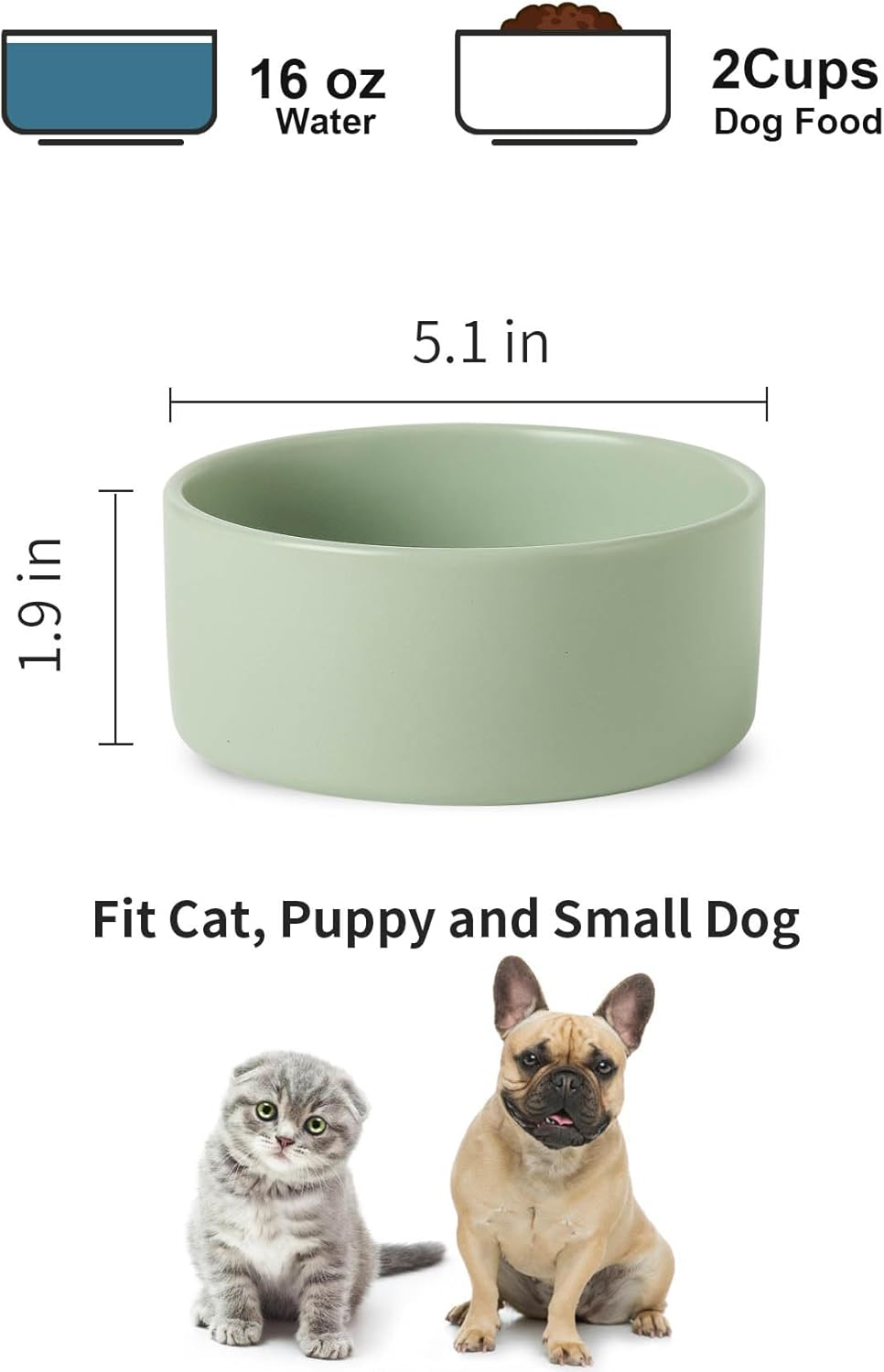 UBEE Ceramic Dog Bowl Set of 2, 5.1 inch Dog Dish Cat Food Bowl for Small Dogs and Large Cat, Pet Food Water Dish Feeding, Sage Green - Pet Explorer