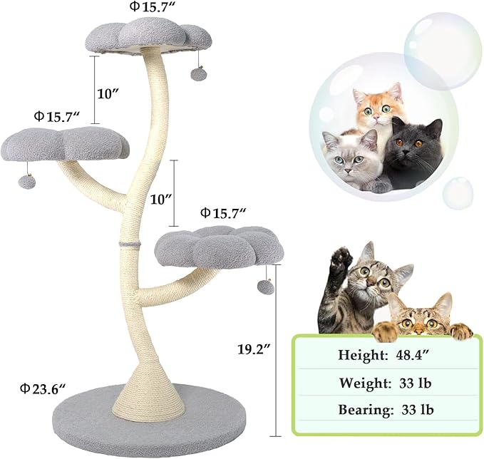 FKWin 48" Tall Cat Tree,Flower Shape Design,Scratching Post Condo,Multi-Level Furniture Activity Center,Kittens Pet House Play with Hang Ball,Plush Cat Tower for Large Cats (Gray-3 Tiers)