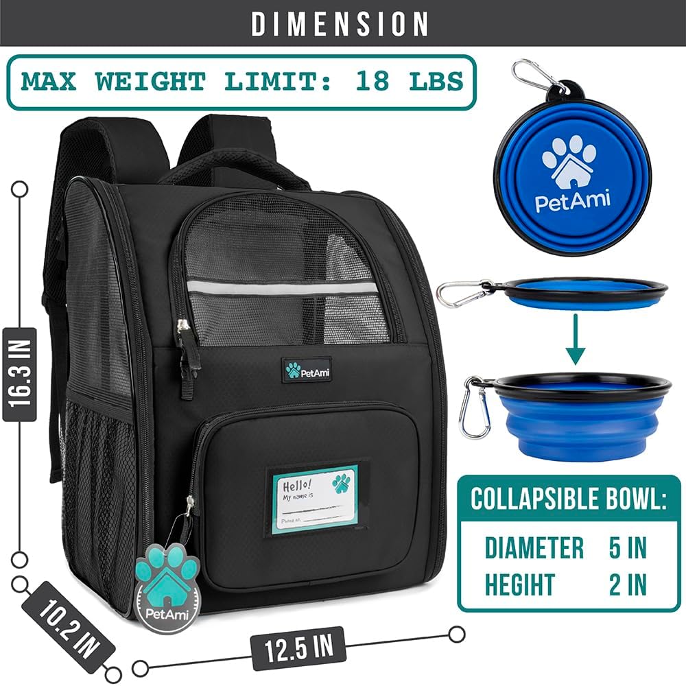 PetAmi Dog Backpack Carrier for Small Large Cat, Pet, Puppy, Ventilated Pet Hiking Backpack Travel Bag, Airline Approved Cat Backpack Carrier, Camping Biking Dog Bag Up to 18lbs Pet, Black