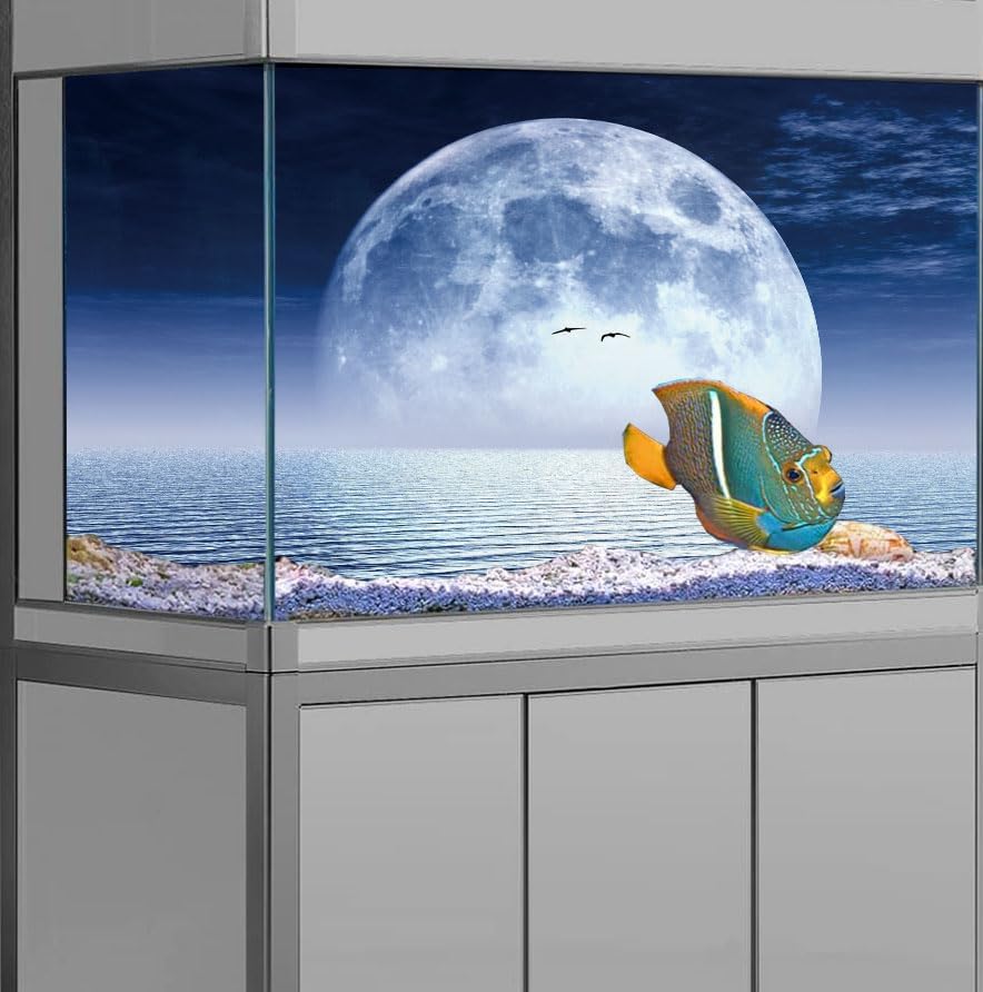 Moon Aquarium Background,Cool Sea Galaxy Parallel Space Themed Fish Tank Background, Cool Terrarium Background 30X18IN with 8 EVA Double-Sided Tape - Pet Explorer
