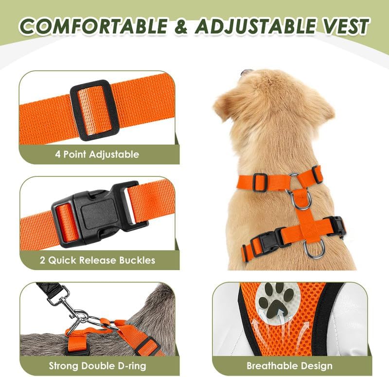 SlowTon Dog Seat Belt Harness for Car, Dog Car Harness Adjustable Mesh Breathable & Dog Seatbelt Safety Tether with Elastic Bungee for Small Medium Large Pets(Orange, Double Clip, XS) - Pet Explorer