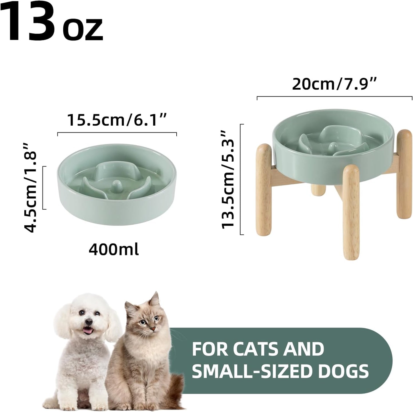 6.1inch Ceramic Raised Slow Feeder Dog Bowl Set, Elevated Wooden Stand for Small Dog and Cat, Puzzle Slow Dish, Preventing Choking(Light Green, Single Bowl+ Stand) - Pet Explorer