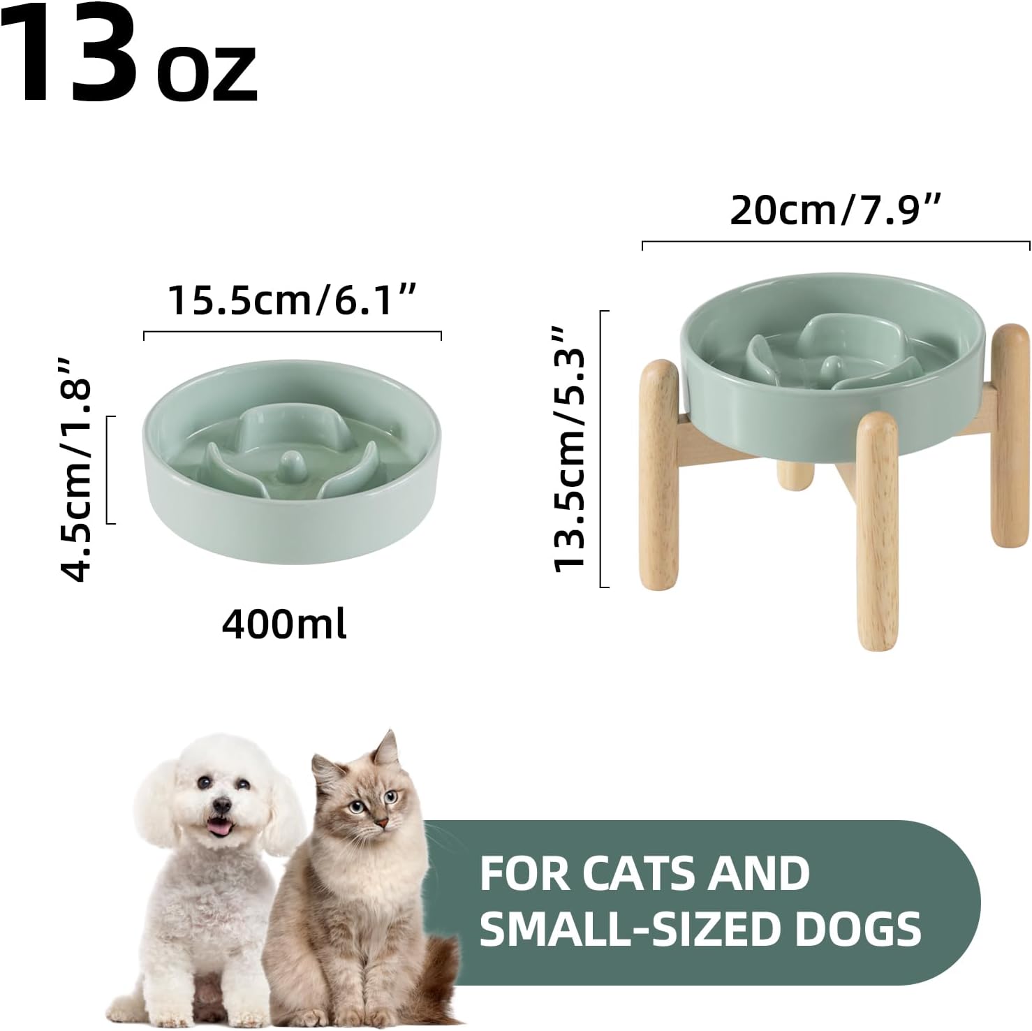 6.1inch Ceramic Raised Slow Feeder Dog Bowl Set, Elevated Wooden Stand for Small Dog and Cat, Puzzle Slow Dish, Preventing Choking(Light Green, Single Bowl+ Stand) - Pet Explorer
