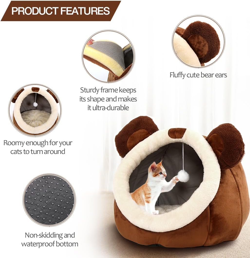 Cat Beds for Indoor Cats - Cat Bed Cave with Removable Washable Cushioned Pillow, Soft Plush Premium Cotton No Deformation Pet Bed, Roomy Bear Cat House Design, Multiple Sizes-L - Pet Explorer