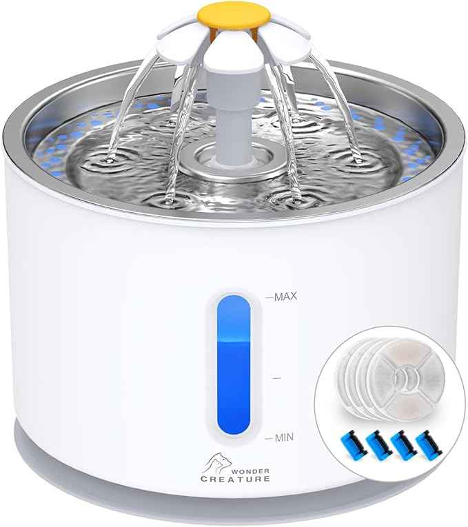 Wonder Creature Cat Water Fountain with Stainless Steel Lid, 2.4L/81oz Automatic Cat Fountain with 4 Filters & 4 Sponges, LED Light and Water Level Window for Cats and Dogs