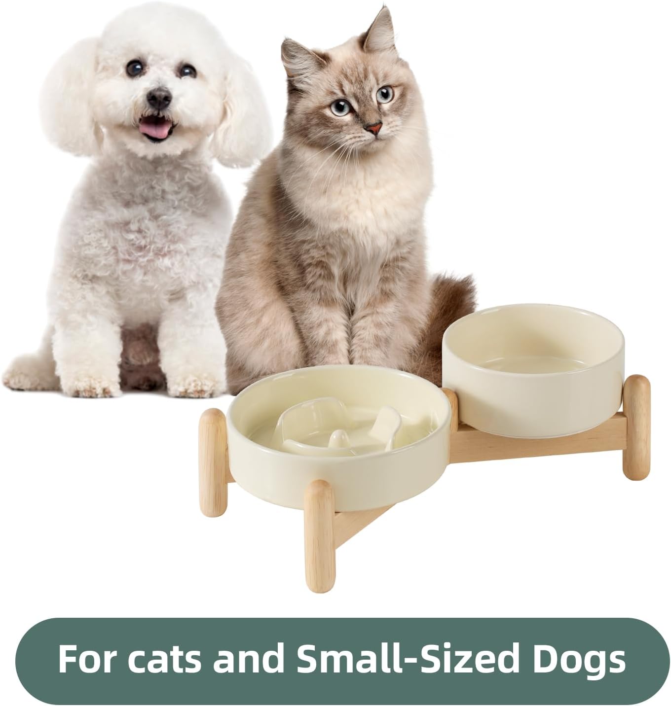 Ceramic Raised Slow Feeder Dog Bowl Set, Elevated 5.1inch Water Bowl and 6.1inch Puzzle Slow Pet Food Dish with Wooden Stand for Small Dog and Cat, Anti-Gulping (2X Beige+ Stand) - Pet Explorer