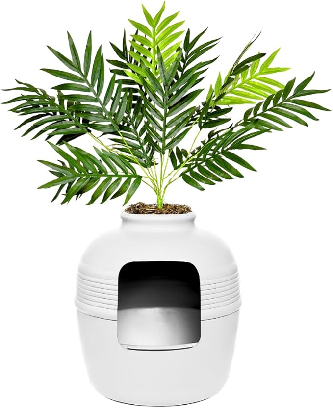 Good Pet Stuff Hidden Litter Box Planter, Decorative Cat Litter Enclosure with Carbon Filter, Artificial Plant, Easy Clean, Removable Liner, Round Style, Essentials Kit, Classic White