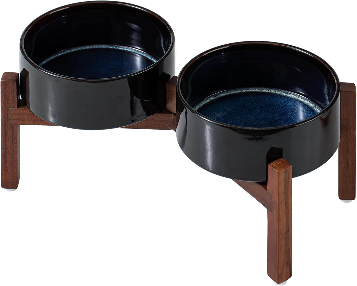 Ceramic 7.3inch Raised Double Dog Bowls Set with Acacia Wood Stand, Food & Water Bowls for Medium Breed Dogs, Weighted Pet Dishes(41oz, Starry Sky) - Pet Explorer