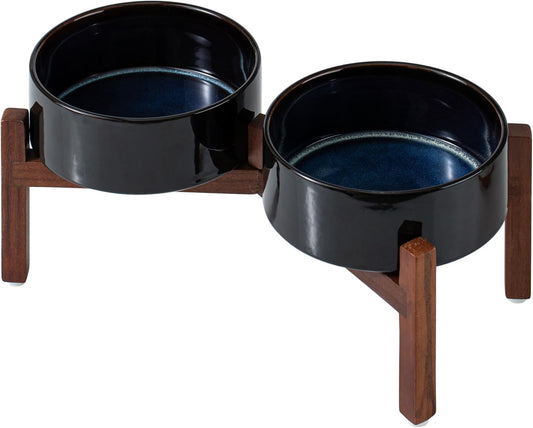 Ceramic 7.3inch Raised Double Dog Bowls Set with Acacia Wood Stand, Food & Water Bowls for Medium Breed Dogs, Weighted Pet Dishes(41oz, Starry Sky) - Pet Explorer