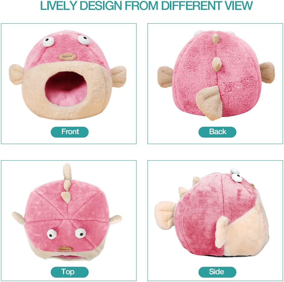 Cat Beds for Indoor Cats - Cat Bed Cave with Removable Washable Cushioned Pillow, Soft Plush Premium Cotton No Deformation Pet Bed, Lively Pufferfish Cat House Design, Pink, Multiple Sizes(L) - Pet Explorer