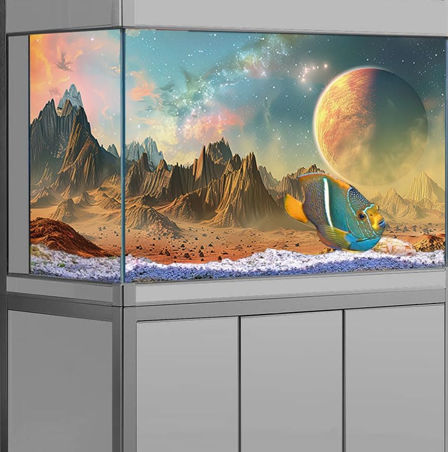 Cosmic Aquarium Background,Cool Galaxy Parallel Space Themed Fish Tank Background, Tropical Desert Terrarium Background 36X20IN with 8 EVA Double-Sided Tape - Pet Explorer