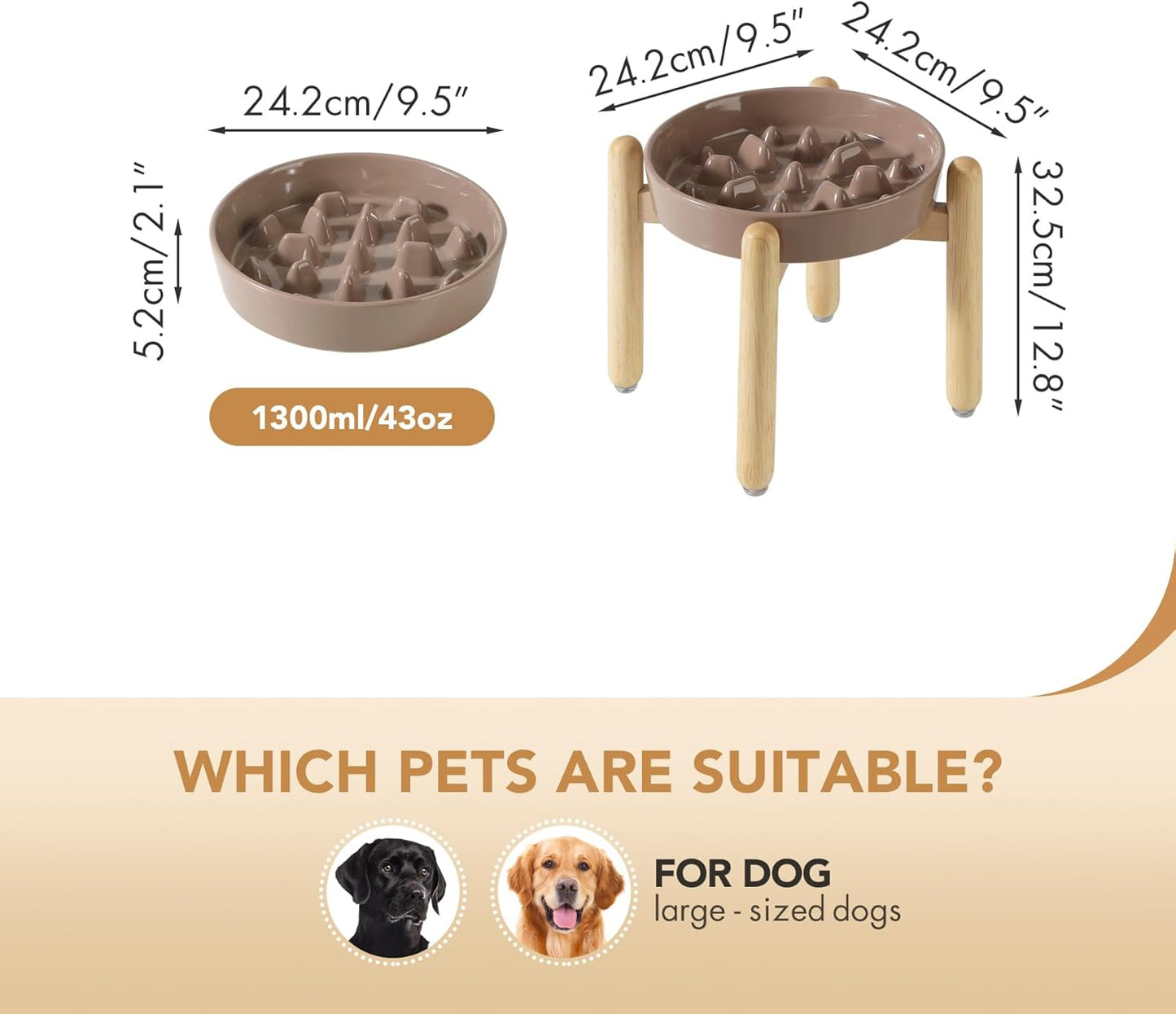 9.5inch Ceramic Dog Raised Slow Feeder Set, Elevated Bowl with Wooden Stand for Large Dog, Slow Feeder Dish for Fast Easters, Anti-Gulping(Brown Coffee, Single Bowl+ Stand) - Pet Explorer