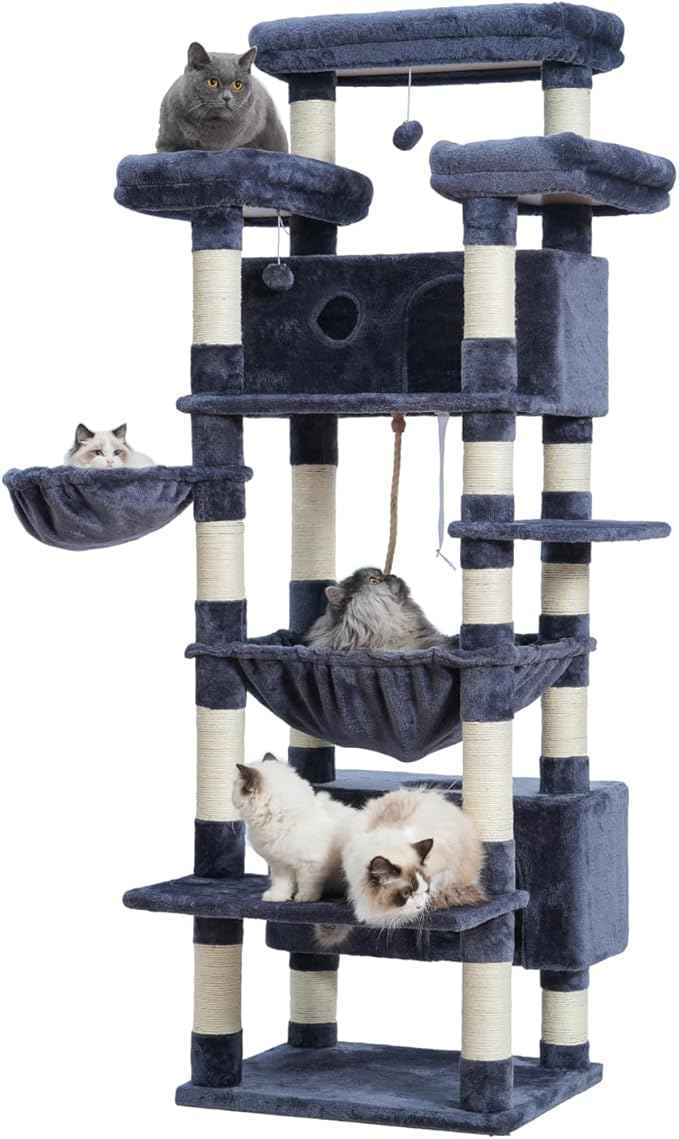 Cat Tree for Indoor Cats Large Adult, 74" Cat Tower with 3 Big Platforms, 2 Baskets, 2 Condos, Multi-Level Cat Scratching Posts, Smoky Gray GCT030G