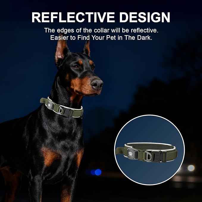 2026 Upgrade Dog Collar with IPX8 Waterproof AirTag Holder,Military Tactical Comfortable Control Handle and Ultra-Durable Metal Buckle/Night Reflective,GPS Collar for Medium to Large Dog（ArmyGreen/M）