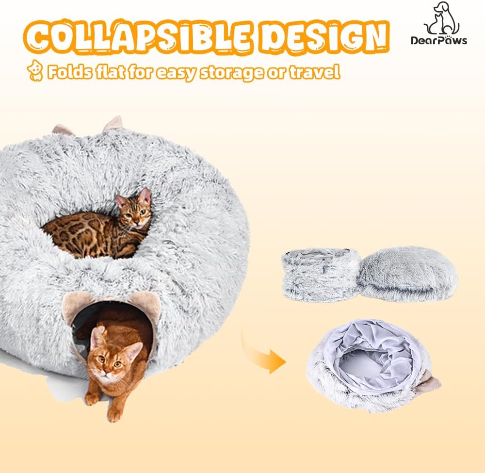 Cat Tunnel with Bed for Indoor Use Under Christmas Tree Soft Plush Cat Cave Donut Tunnel, Multifunctional Playground Toys Hideplace for Kittens, Rabbit, Ferret (Grey) - Pet Explorer