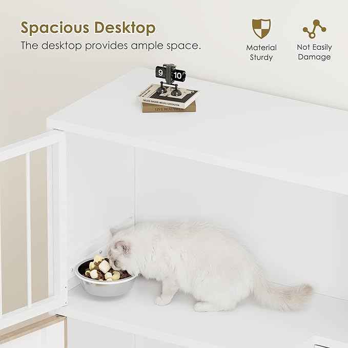 Dog Proof Cat Feeding Station, Metal Cat Feeding Station with Scratching Board, Raised Bowls for Indoor Cats, Elevated Food Bowls with Stand, Pet House Furniture (Metal White)