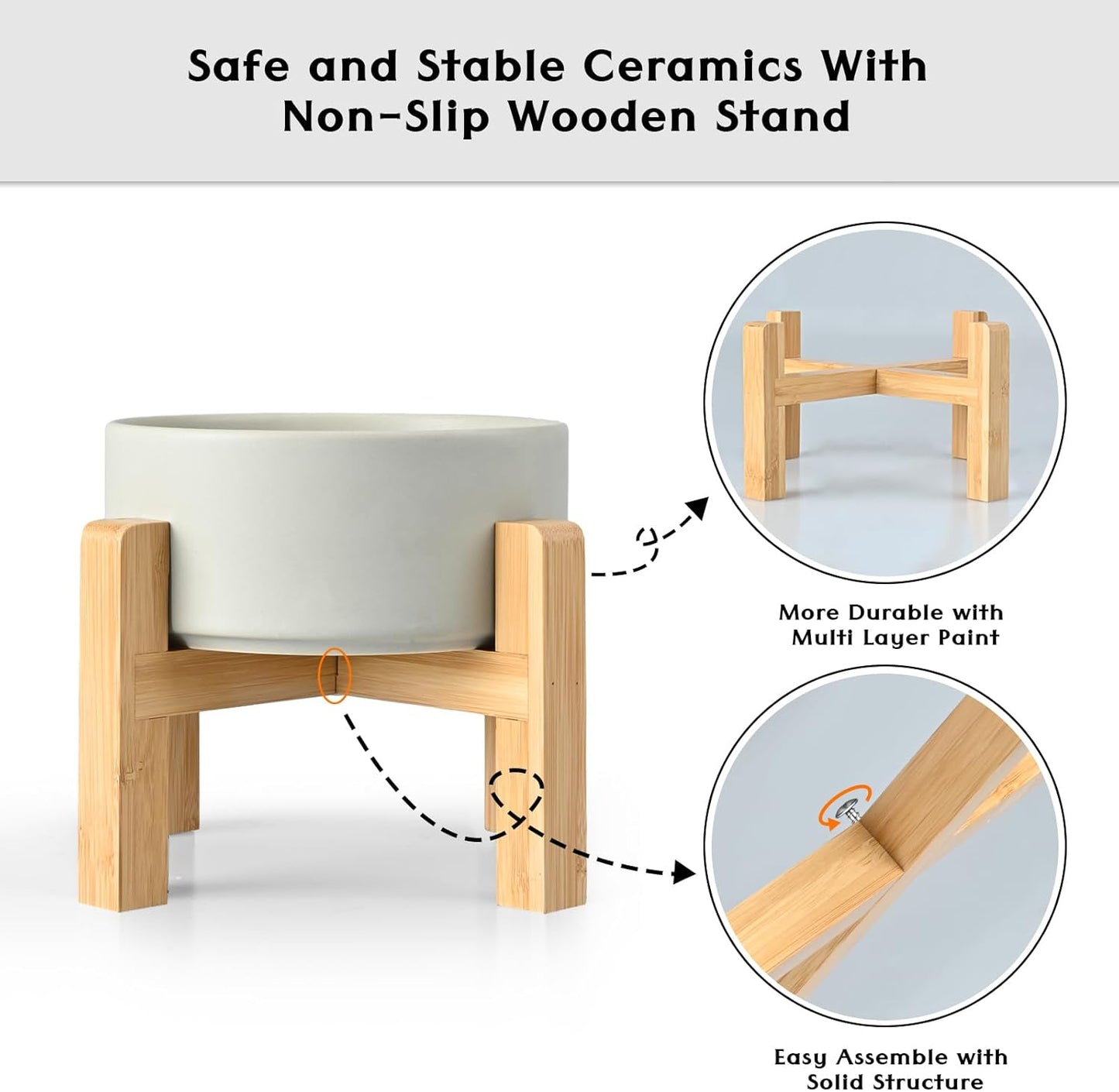SPUNKYJUNKY Ceramic Elevated Dog Bowls 2 Pack - 8.3inch Raised Dog Bowls with Non-Slip Wooden Stand for Large Dogs Dishwasher Safe(Grey,60OZ*2) - Pet Explorer