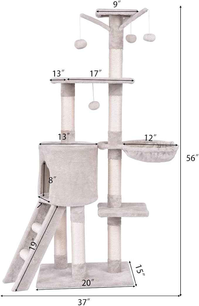 Tangkula 56 Inch Cat Tree - Multi-Level Cat Tower Condo with Sisal Scratching Post and Ladder, Large Cat Playground for Indoor Cats