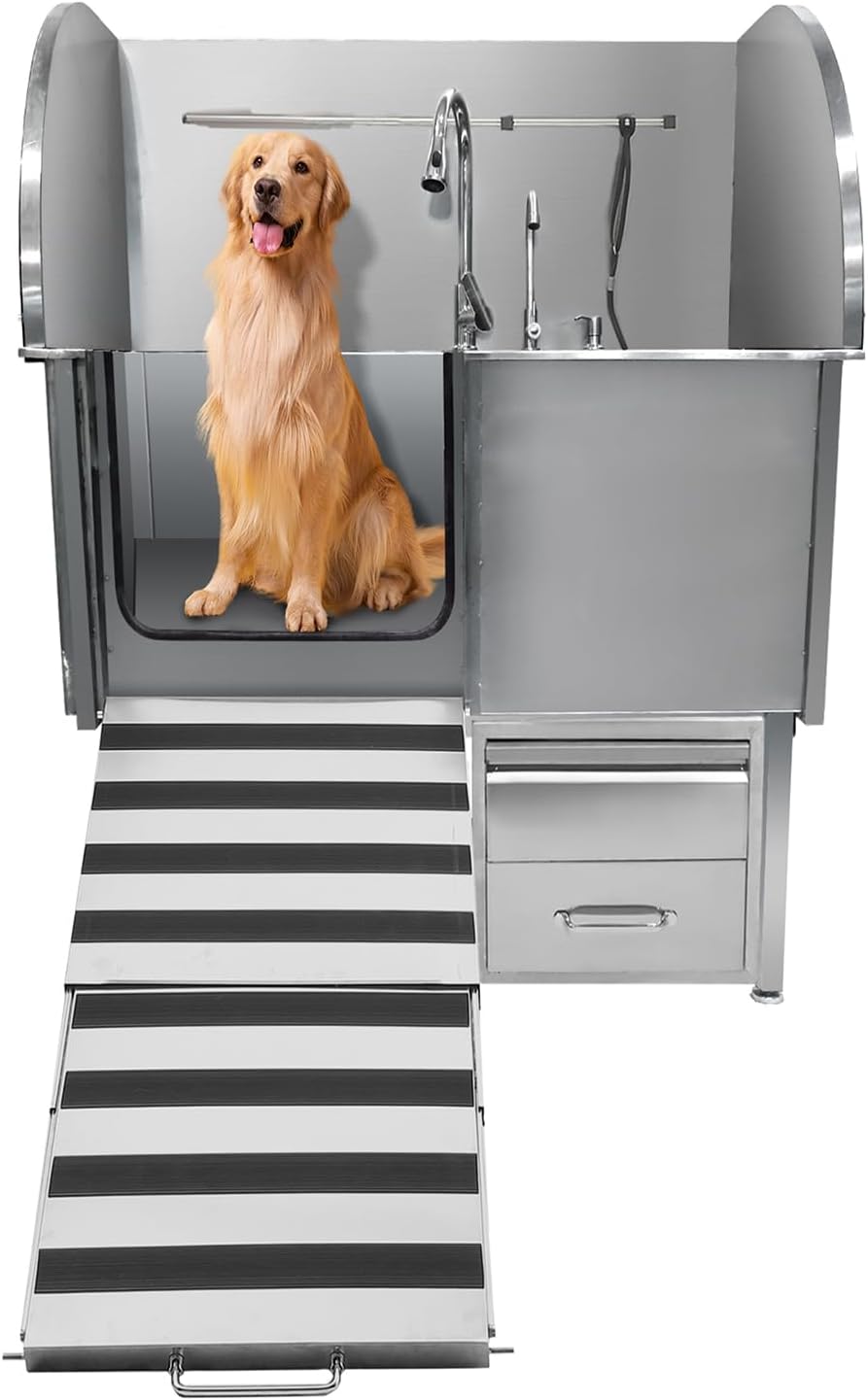 Professional Dog Grooming Tub, 62" Stainless Steel Dog Wash Station with Foldable Ramp, Storage Drawer, Floor Grate & Faucet/Dog Bathtub for Large, Medium & Small Pets - Left Door (62") - Pet Explorer