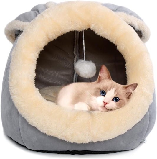 Cat Beds for Indoor Cats - Rabbit-Shaped Cat Cave Bed with Hanging Toy,Super Soft Calming Pet Bed for Kitten&Puppy,Small Dog,Warm Plush&Machine Washable&Removable Cotton Pad,Cat Hideaway(Grey M) - Pet Explorer