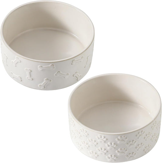 UBEE Ceramic Dog Bowl Set of 2, 6.1 inch Dog Food Bowl Dish with Bone Paw Pattern, Pet Food Water Dish Feeding for Small and Meidum Dogs and Large Cat, White - Pet Explorer