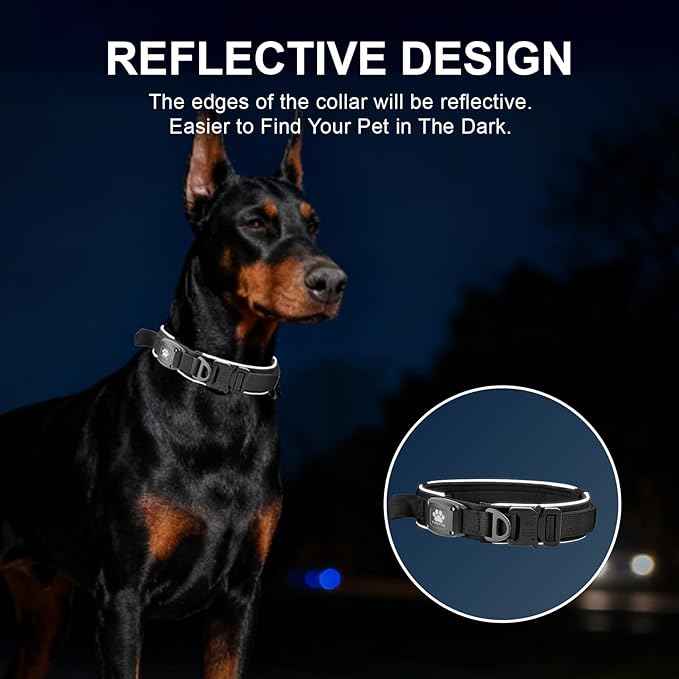 2026 Upgrade Dog Collar with IPX8 Waterproof AirTag Holder,Military Tactical Comfortable Control Handle and Ultra-Durable Metal Buckle/Night Reflective,GPS Collar for Medium to Large Dogs（Black/L）