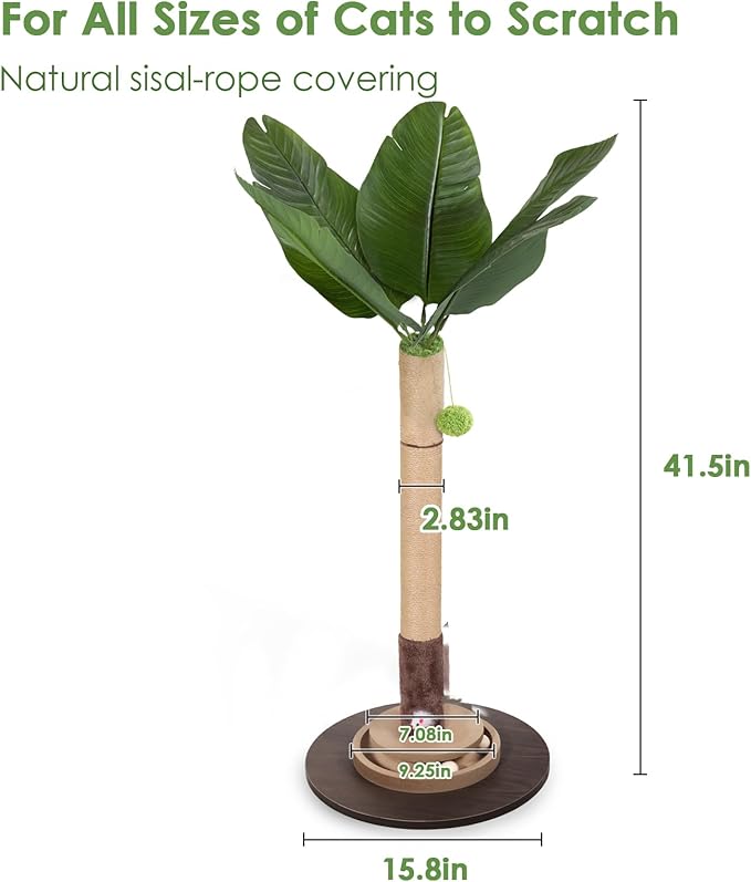Cat Scratching Post, 35 Inch Tall Cat Scratcher Cat Tree Tower with Hanging Ball for Indoor Cats Adults,Bird of Paradise Plant Sisal Rope Kitten Scratch with Interactive Mouse Cat Toy