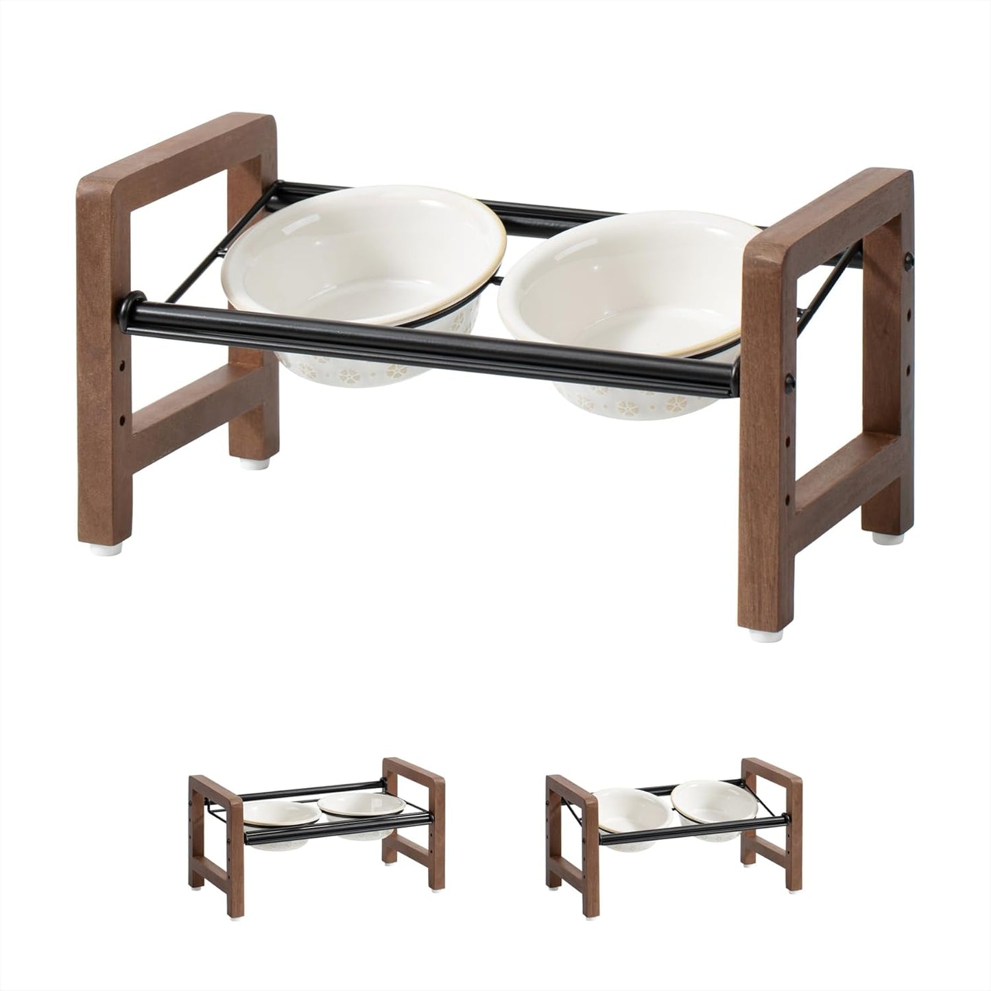 6.3inch Ceramic Adjustable Raised Double Bowls Set with Stand, 3 Heights Elevated, 2 Placement Options,Food and Water Bowls for Adult Cat Small and Medium Dog(Reactived Glaze -White) - Pet Explorer