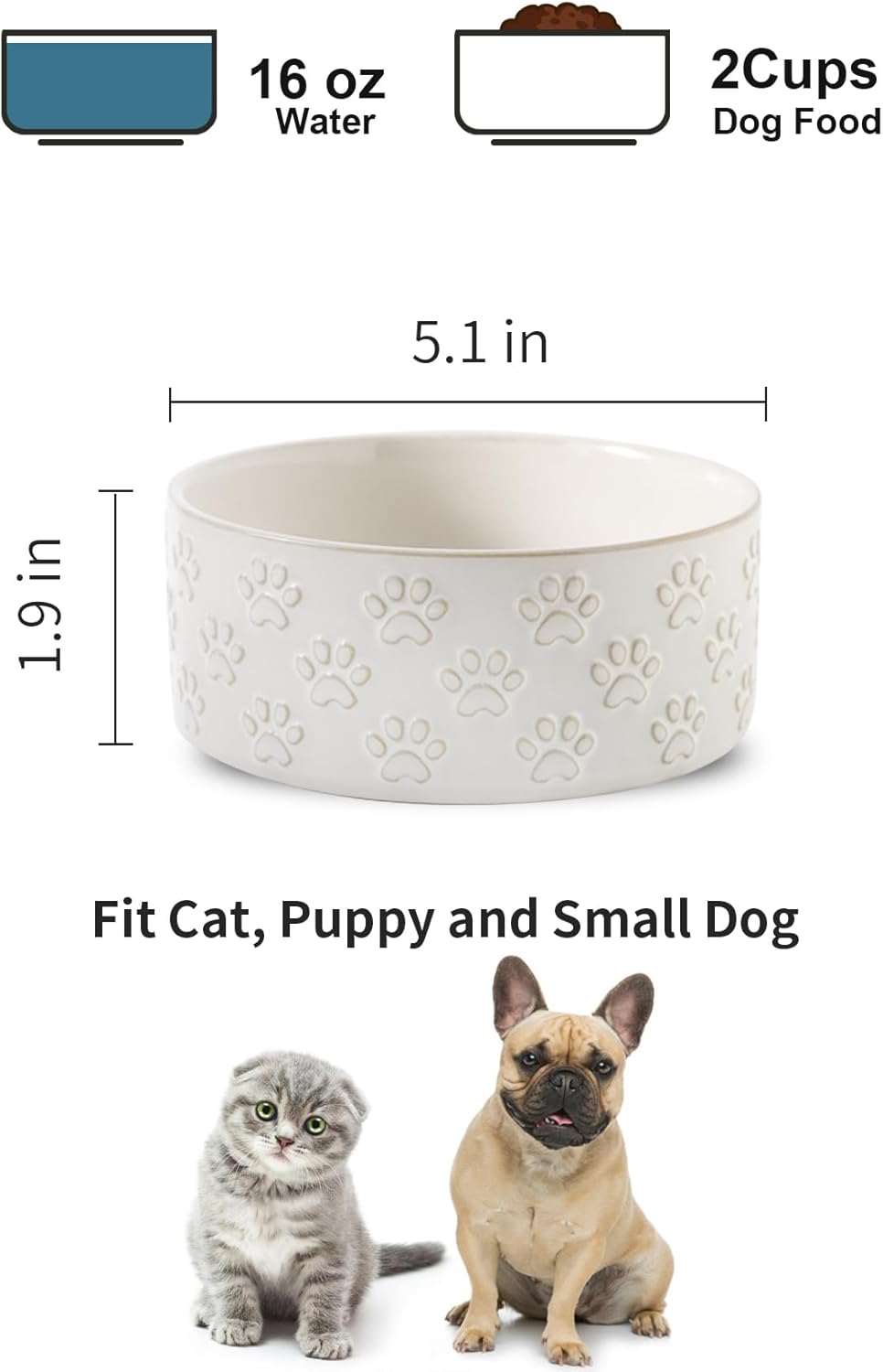UBEE Ceramic Dog Bowl Set of 2, 5.1 inch Dog Dish Food Bowl with Paw Pattern, Pet Food Water Dish Feeding for Small Dogs and Large Cat, White - Pet Explorer