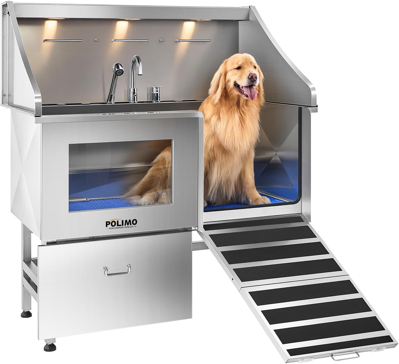 POLIMO Dog Washing Station, LED Professional Stainless Steel Dog Bathing Station 50", Dog Grooming Tub for Large, Medium & Small Dog - with Window, Ramp, Drawer, Floor Grate & Faucet (Right RAMP, 50") - Pet Explorer