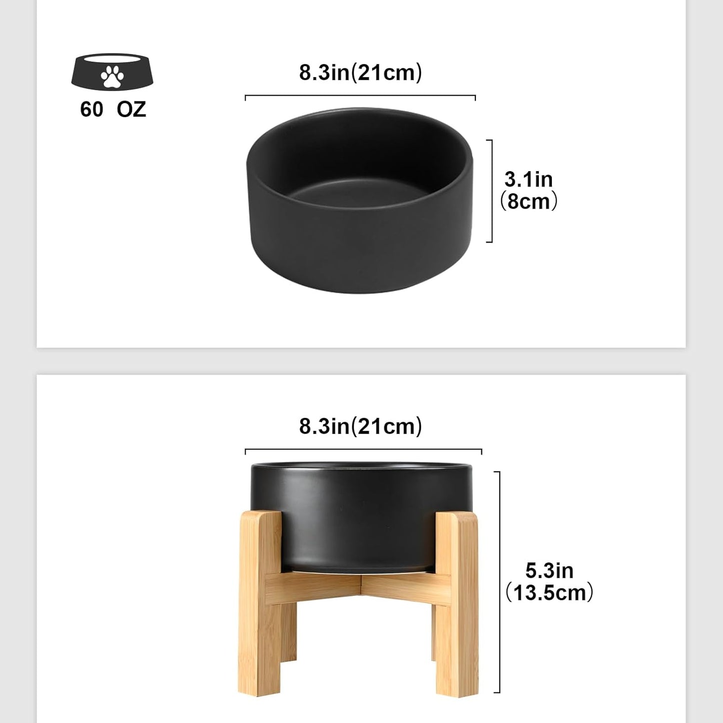 SPUNKYJUNKY Ceramic Elevated Dog Bowls 2 Pack - 8.3inch Raised Dog Bowls with Non-Slip Wooden Stand for Large Dogs Dishwasher Safe(Black,60OZ*2) - Pet Explorer