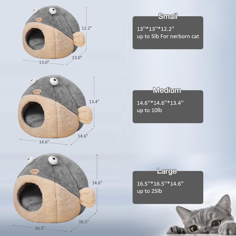 Cat Beds for Indoor Cats - Cat Bed Cave with Removable Washable Cushioned Pillow, Soft Plush Premium Cotton No Deformation Pet Bed, Lively Pufferfish Cat House Design, Grey, Multiple Sizes(L) - Pet Explorer