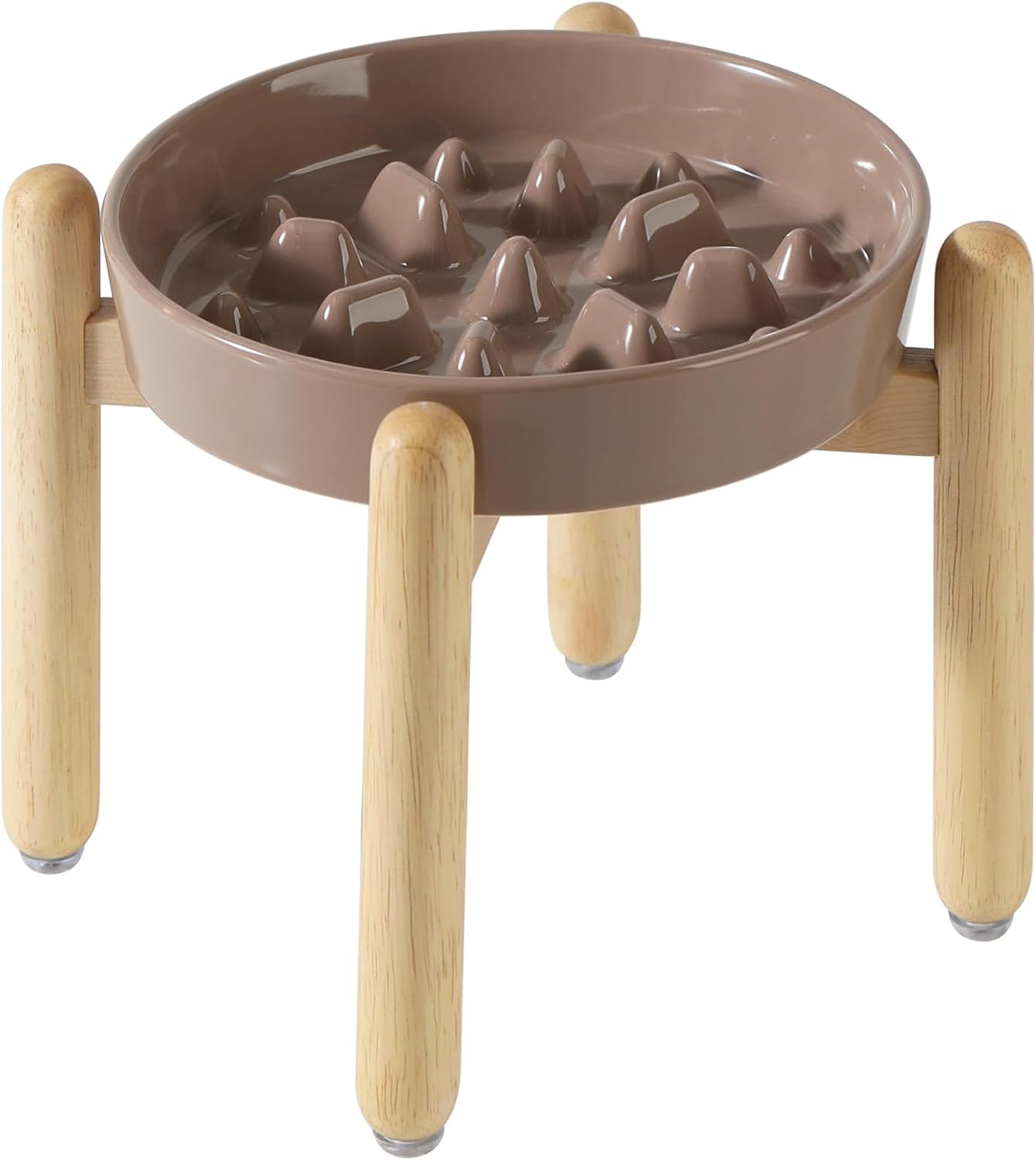 9.5inch Ceramic Dog Raised Slow Feeder Set, Elevated Bowl with Wooden Stand for Large Dog, Slow Feeder Dish for Fast Easters, Anti-Gulping(Brown Coffee, Single Bowl+ Stand) - Pet Explorer