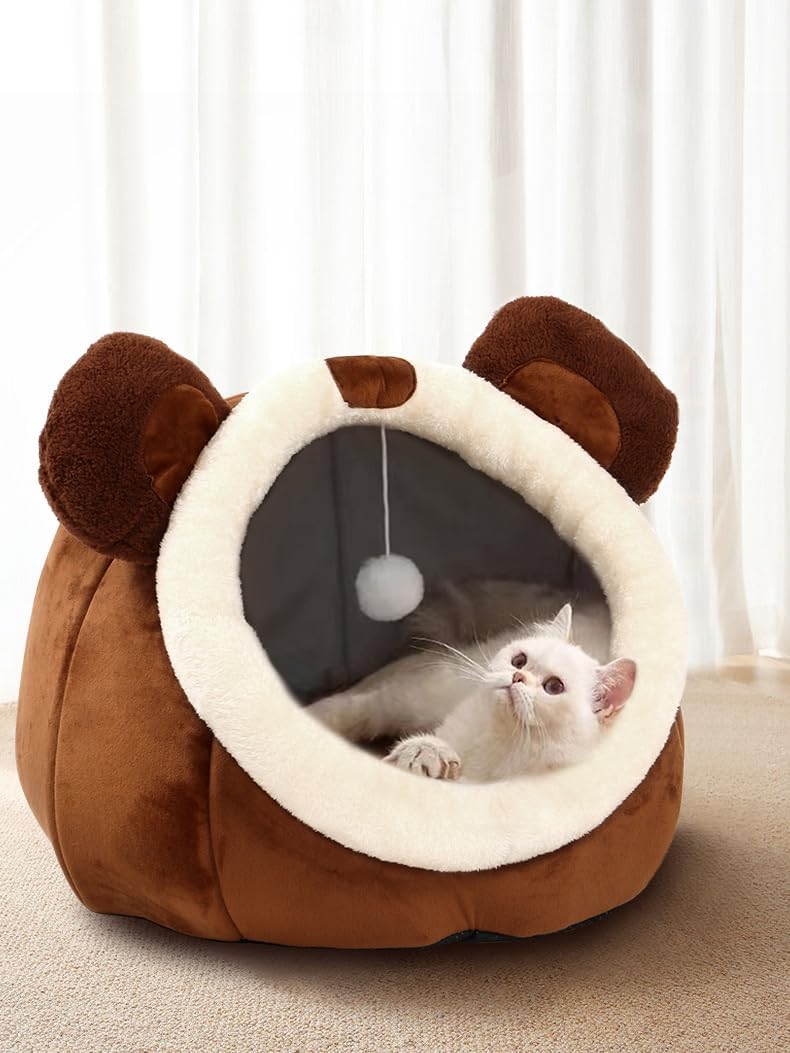 Cat Beds for Indoor Cats - Cat Bed Cave with Removable Washable Cushioned Pillow, Soft Plush Premium Cotton No Deformation Pet Bed, Roomy Bear Cat House Design, Multiple Sizes-L - Pet Explorer