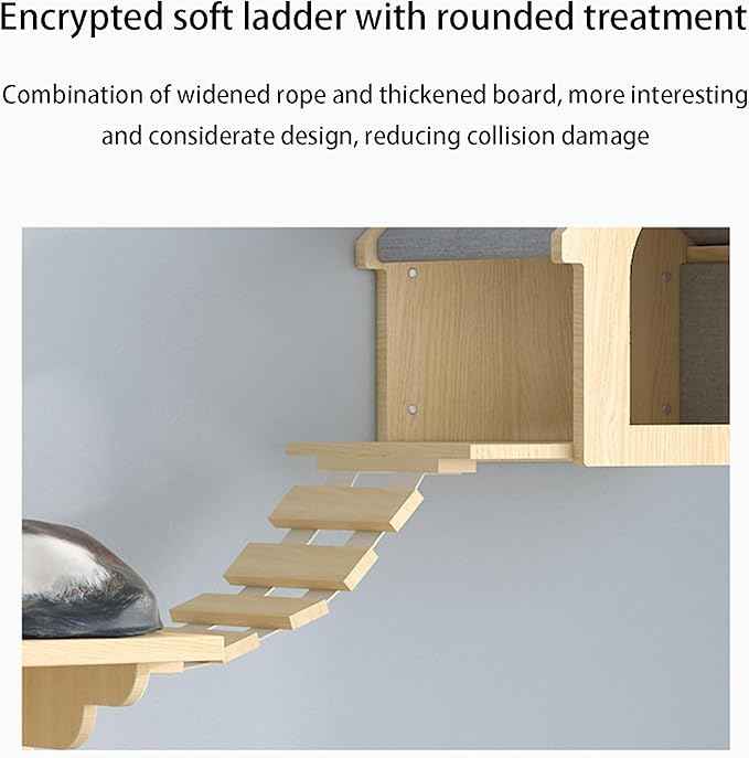 Cat Climbing Wall Mounted Cat Bed Wooden Includes House Bridge Tree Steps and Scratcher (color01)
