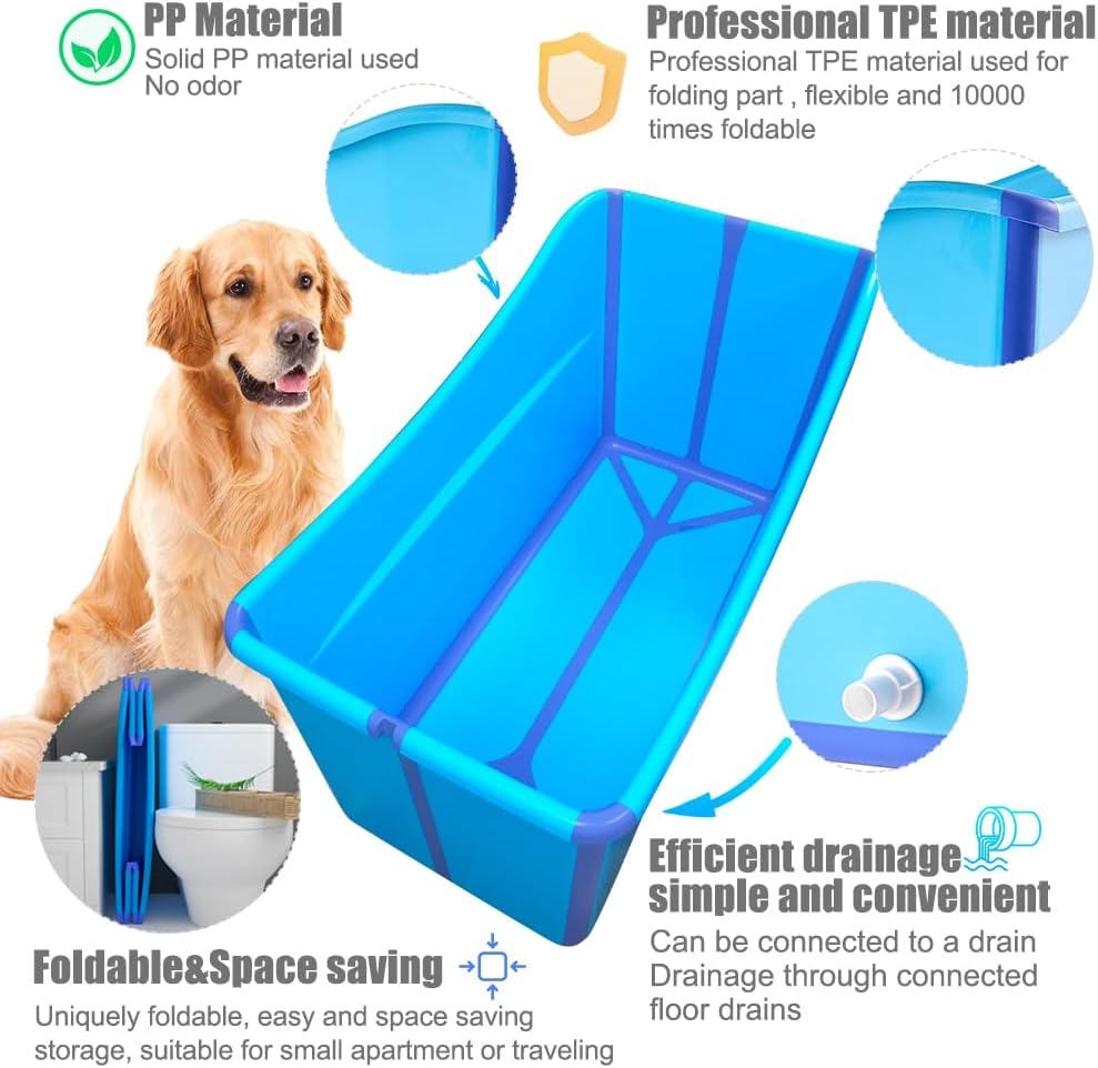Portable Dog Bathtub for Large Dogs - 48.4Gal Foldable Pet Wash Station with Drain Plug, Insulated & Non-Slip Design for Indoor/Outdoor Bathing, Grooming, Camping（Blue） - Pet Explorer