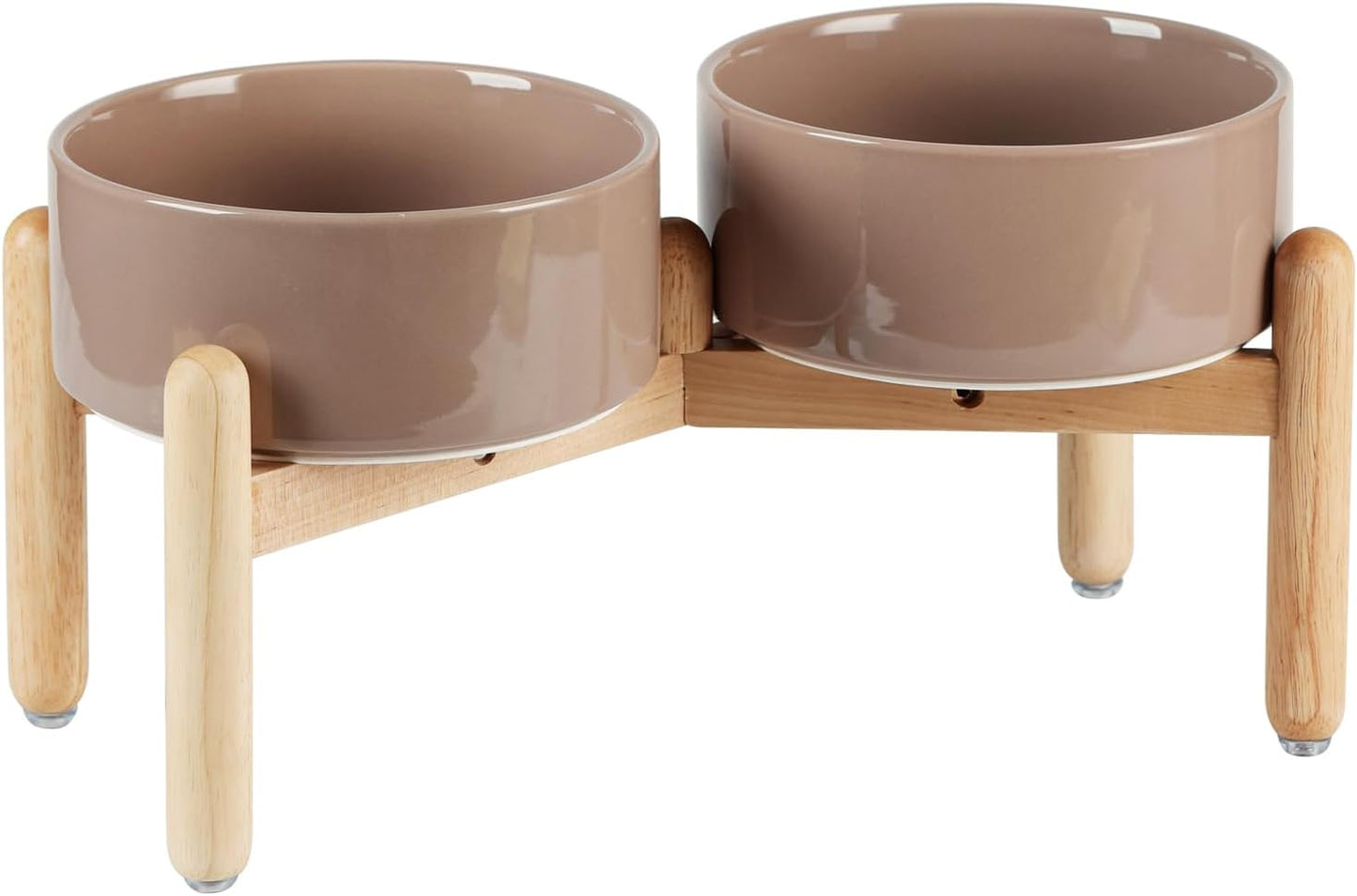 Ceramic 7.3inch Raised Double Bowls Set with Wooden Stand, Food & Water Bowls for Medium Breed Dogs, Weighted Dog Dishes, Pet Feeder(Brown Coffee) - Pet Explorer