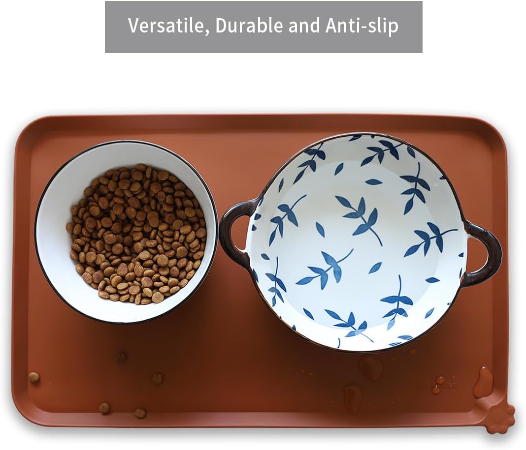 Hoki Found Silicone Pet Food Tray - Non Slip Pet Dog Bowl Mats - Cat Waterproof Mat for Carpet - Caramel - Pet Explorer