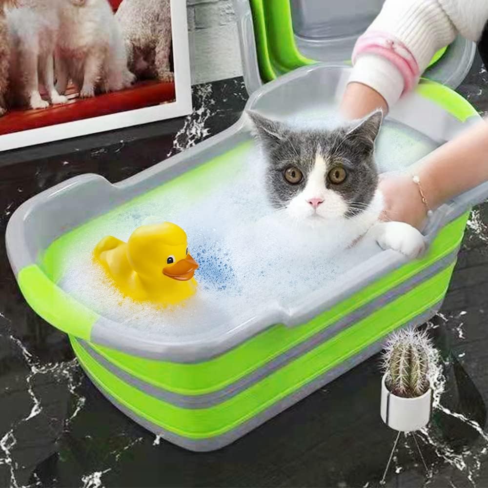 Multipurpose Collapsible Pet Bathtub with Drainage Hole for Puppy Small Dogs Cats, Portable Laundry Basket-Foldable Bathing Tub-Storage Organizer, 7.1 Gal/27L (Green,1) - Pet Explorer