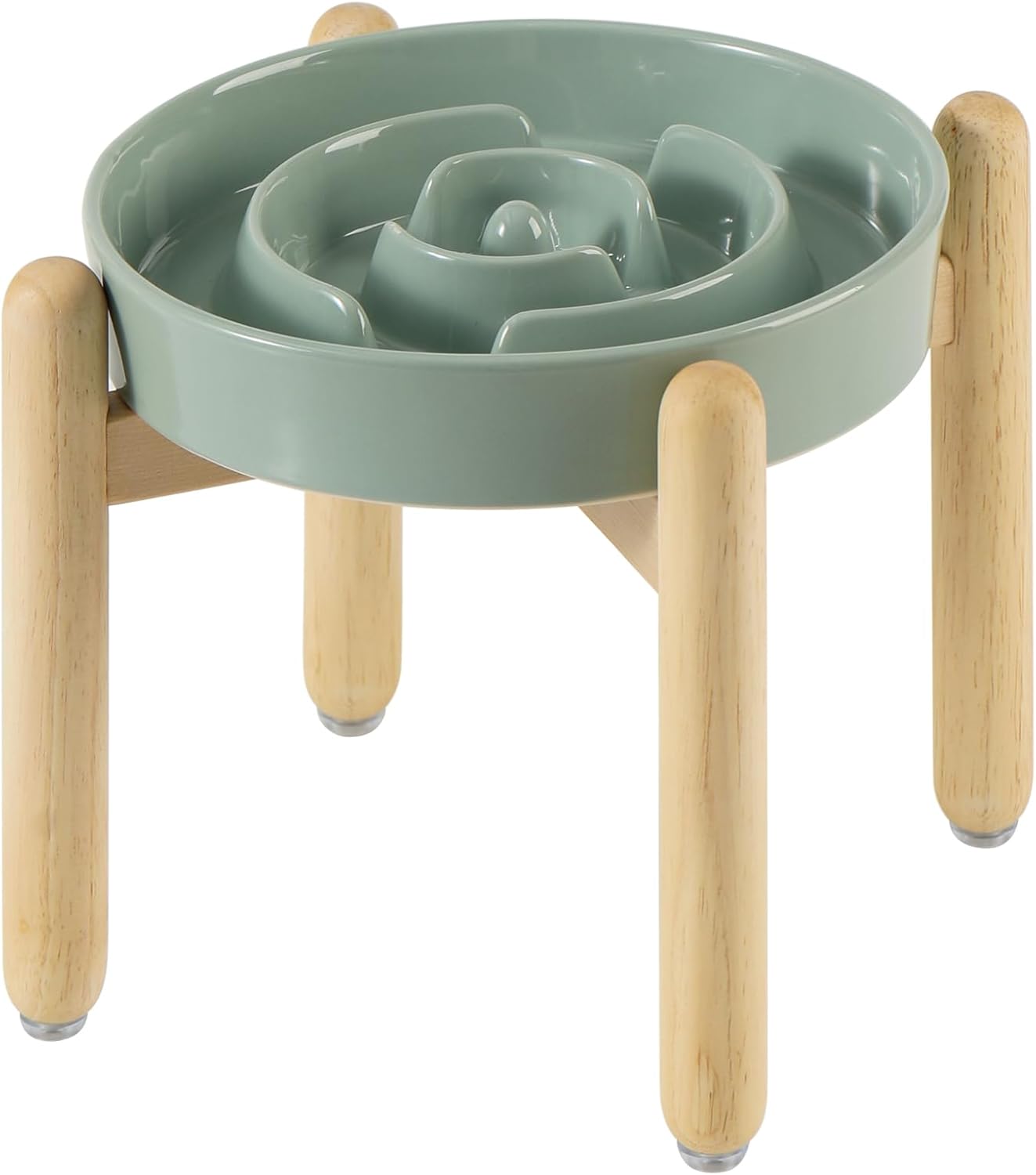 7.3inch Ceramic Raised Slow Feeder Dog Bowl Set, Elevated Wooden Stand for Medium and Small Dog, Puzzle Slow Dish, Preventing Choking(Light Green, Single Bowl+ Stand) - Pet Explorer