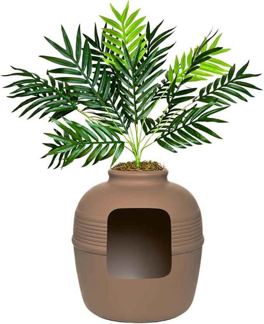 Good Pet Stuff Hidden Litter Box Planter, Decorative Cat Litter Enclosure with Carbon Filter, Artificial Plant, Easy Clean, Improved Design, Round Style, Base Kit, Chestnut Brown